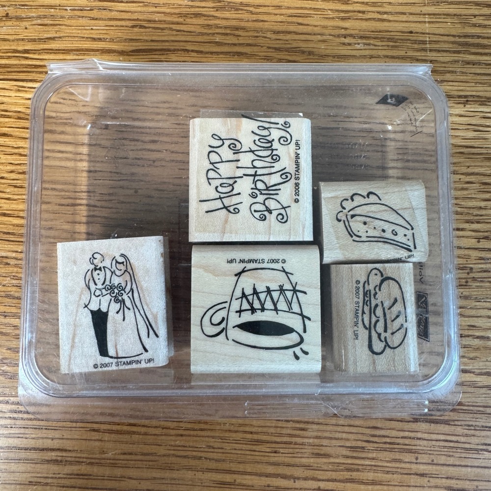 Stampin Up Voila To Go Rubber Stamps Set of 5 Wood Mount Tan Good Celebration